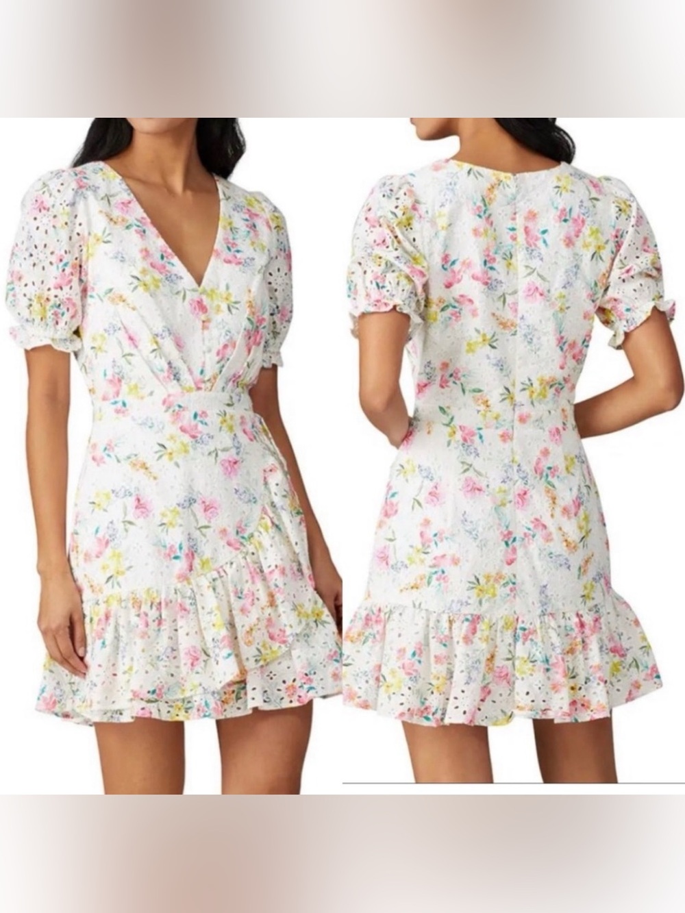 Yumi Kim White Floral Eyelet Mini Dress with Colorful Print